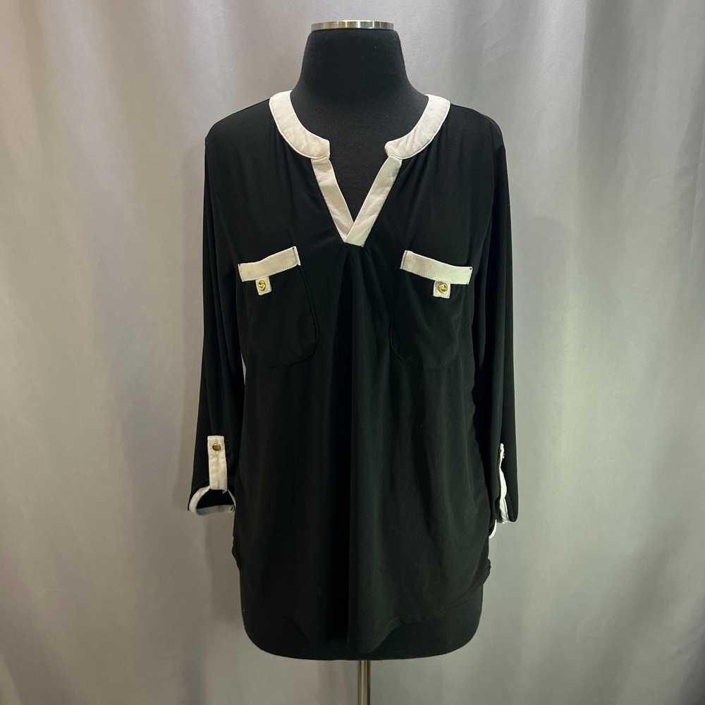 Fifty Street Top Womens XL Black White Detail Split Neck Long Sleeve Classic